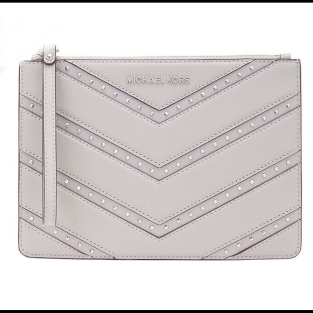 Michael Kors XL Wristlet Clutch Studded Leather Neutral Glam NWT